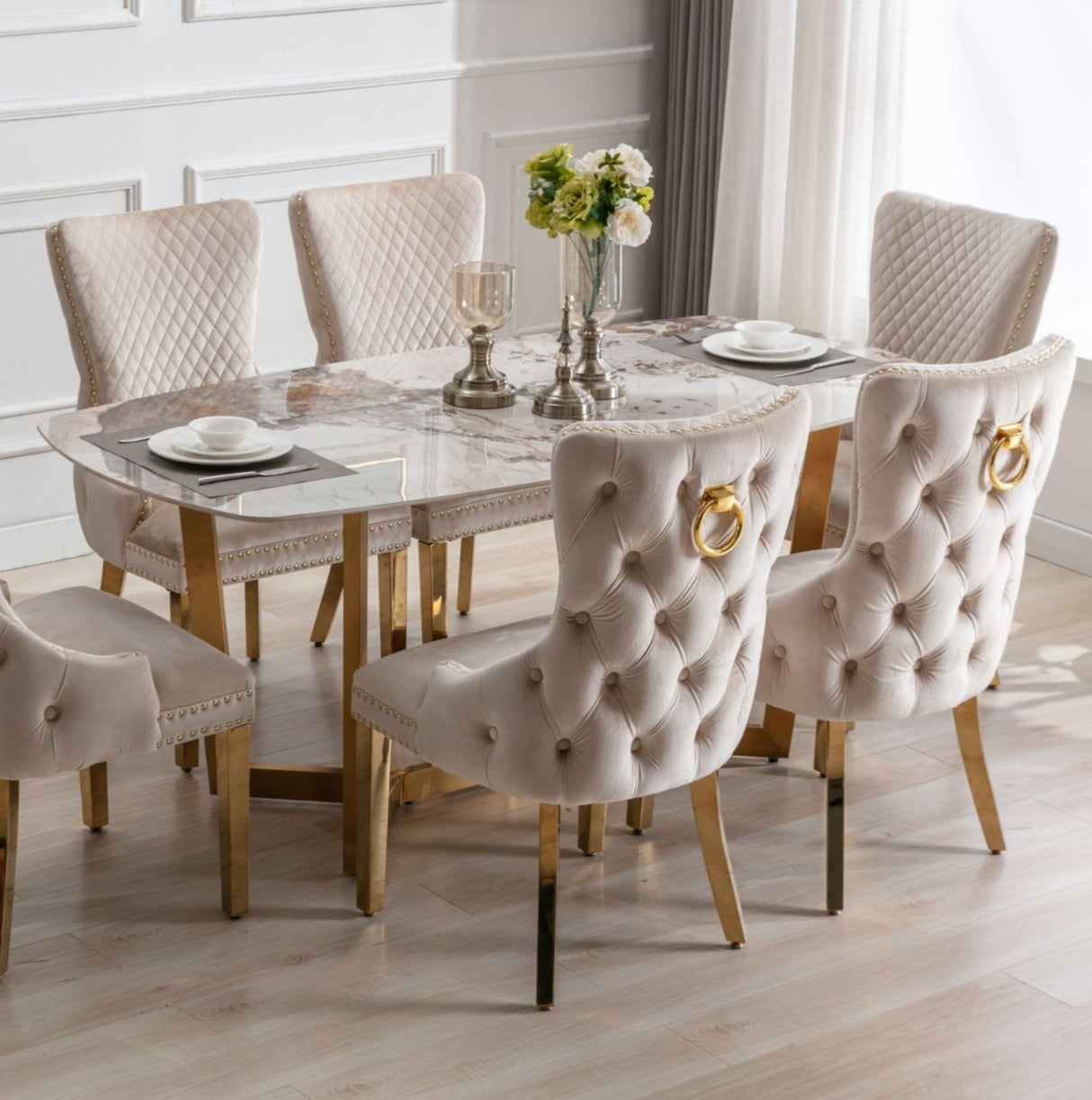 Sorrento Gold Oval Dining Table With White Sintered Stone Marble Effect Top