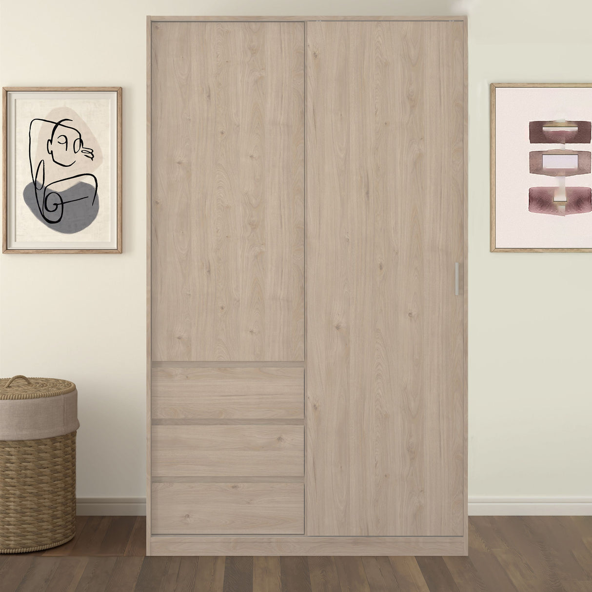 Naida Sliding Wardrobe In Jackson Hickory Oak - 1 Sliding Door 1 Door 3 Drawers