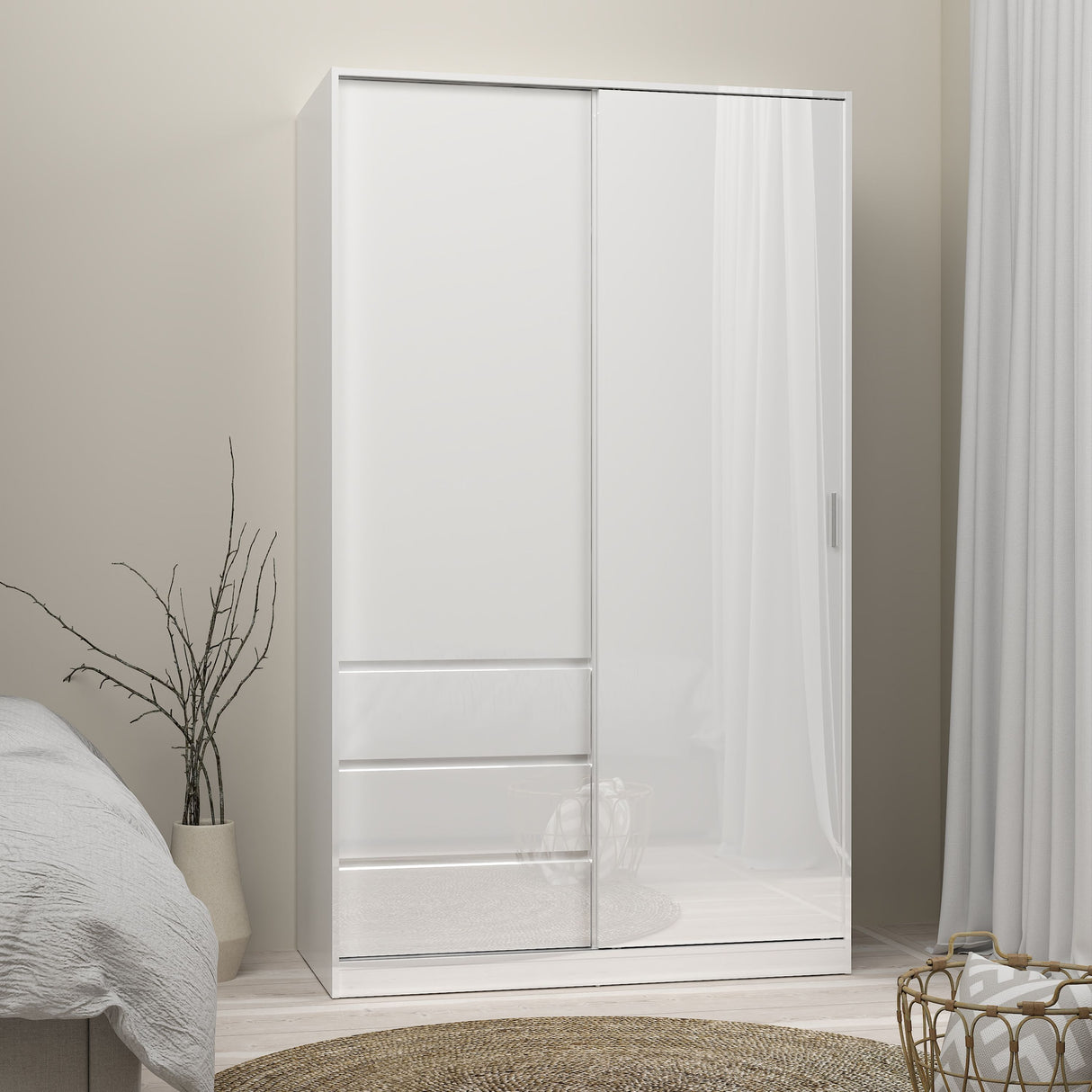 Naida Sliding Wardrobe In White High Gloss - 1 Sliding Door 1 Door 3 Drawers