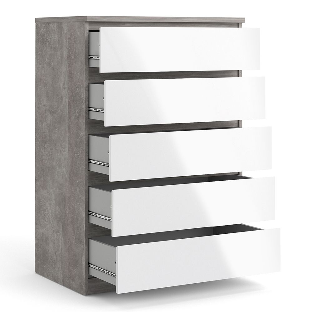 Naida Chest Of 5 Drawers In Concrete Grey And White High Gloss