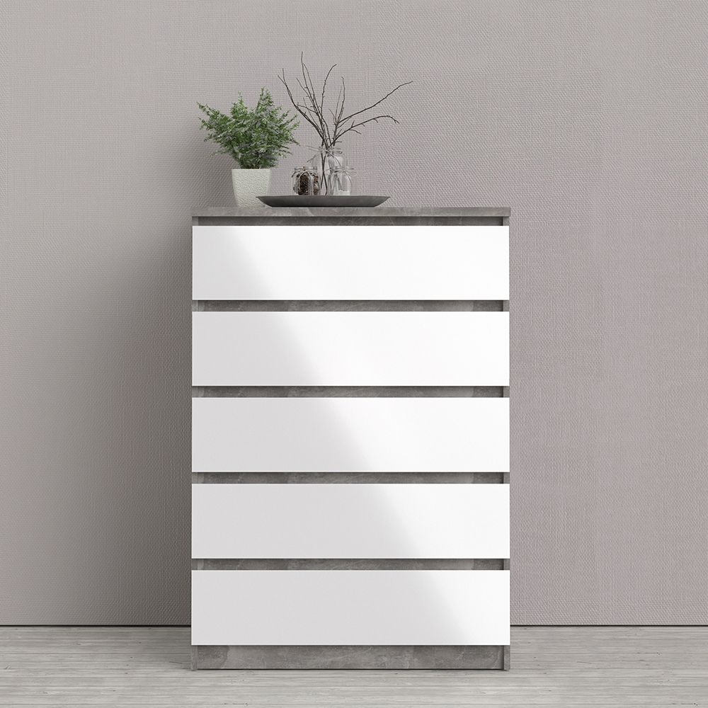 Naida Chest Of 5 Drawers In Concrete Grey And White High Gloss