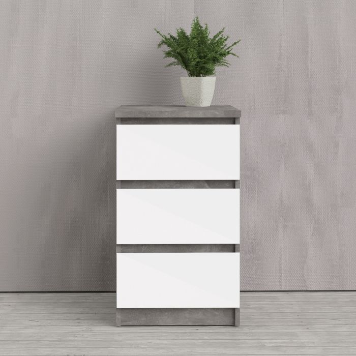 Naida Bedside With 3 Drawers In Concrete Grey And White High Gloss