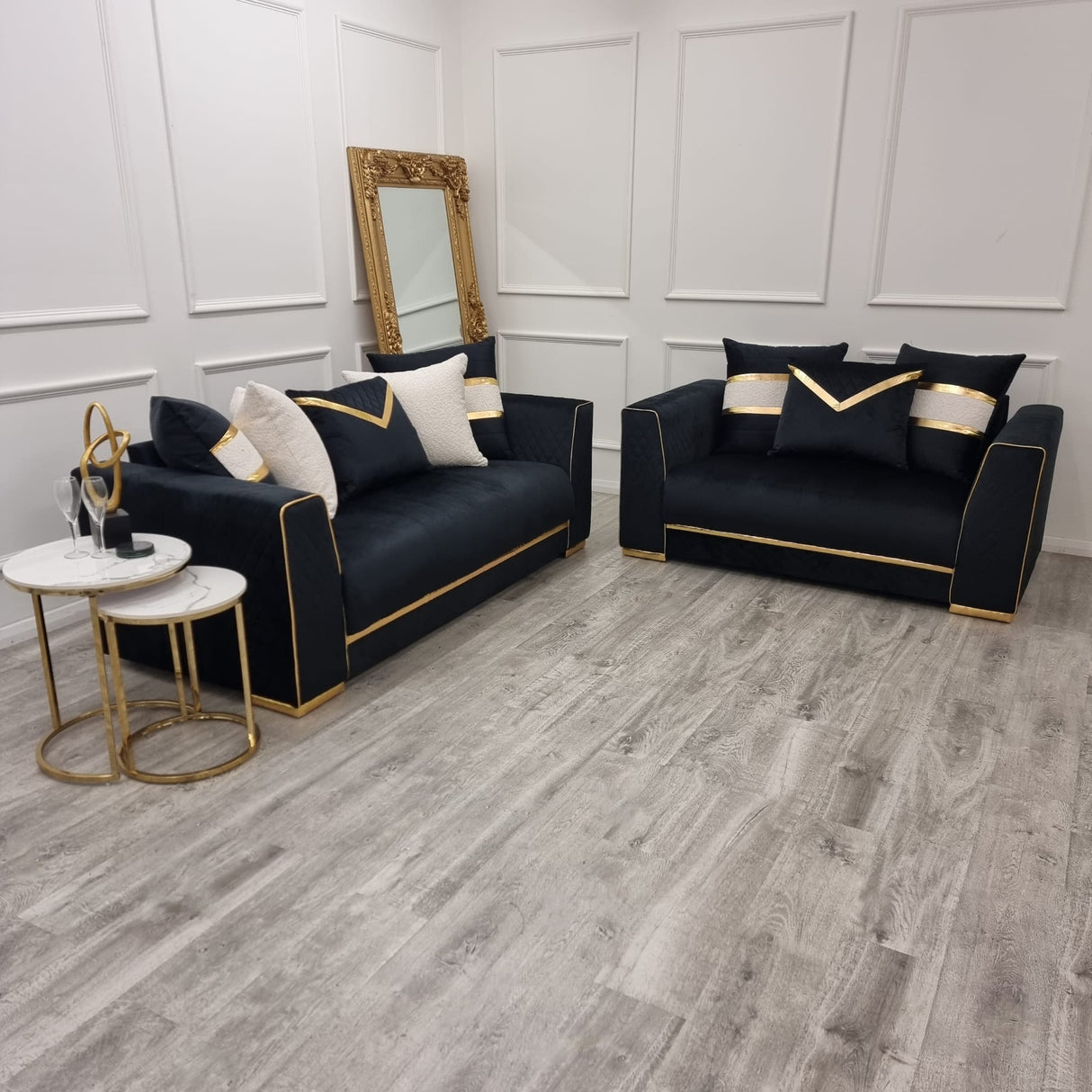 Empire 3 & 2 Seater Sofa Set - Black & Gold