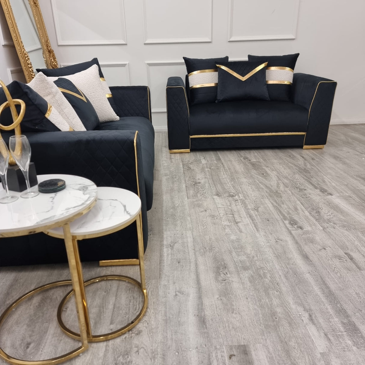 Empire 3 & 2 Seater Sofa Set - Black & Gold