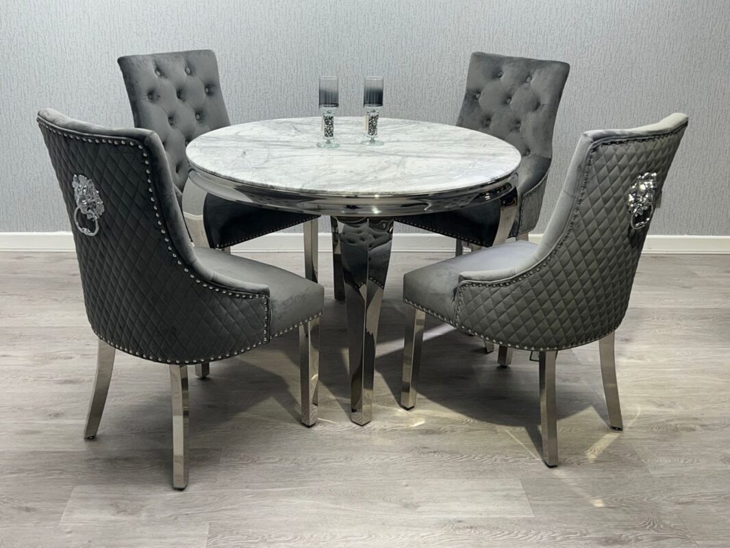 Round Marble Dining Table + Lion Knocker Chairs