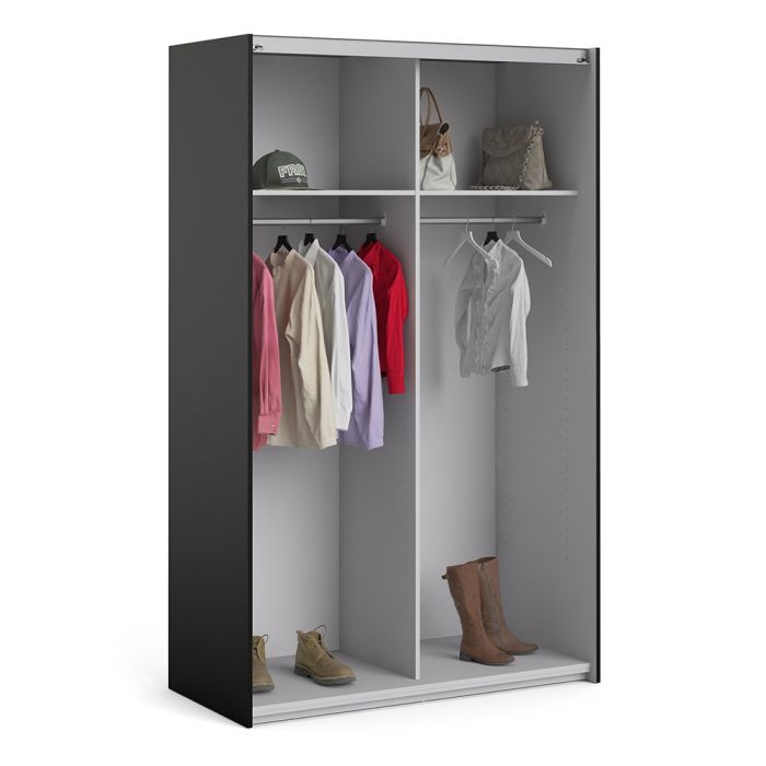 sliding wardrobe inside view with 2 shelves and 2 hanging rails with cloths