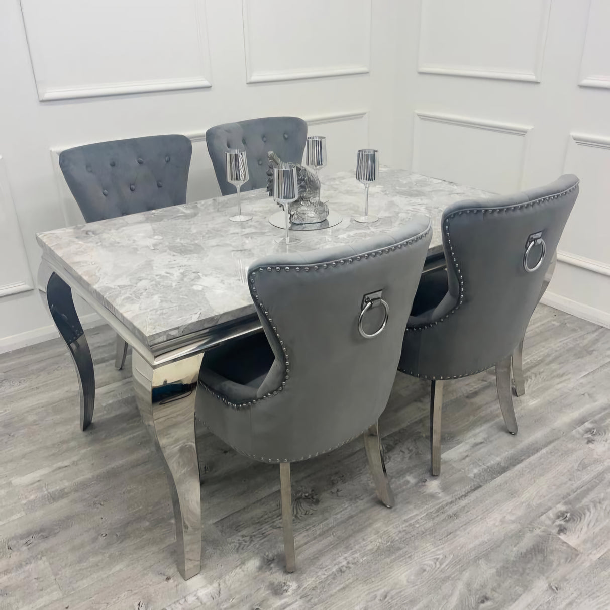 Louis Marble Dining Table + Megan Ring Knocker Velvet Dining Chairs (Dark Grey)