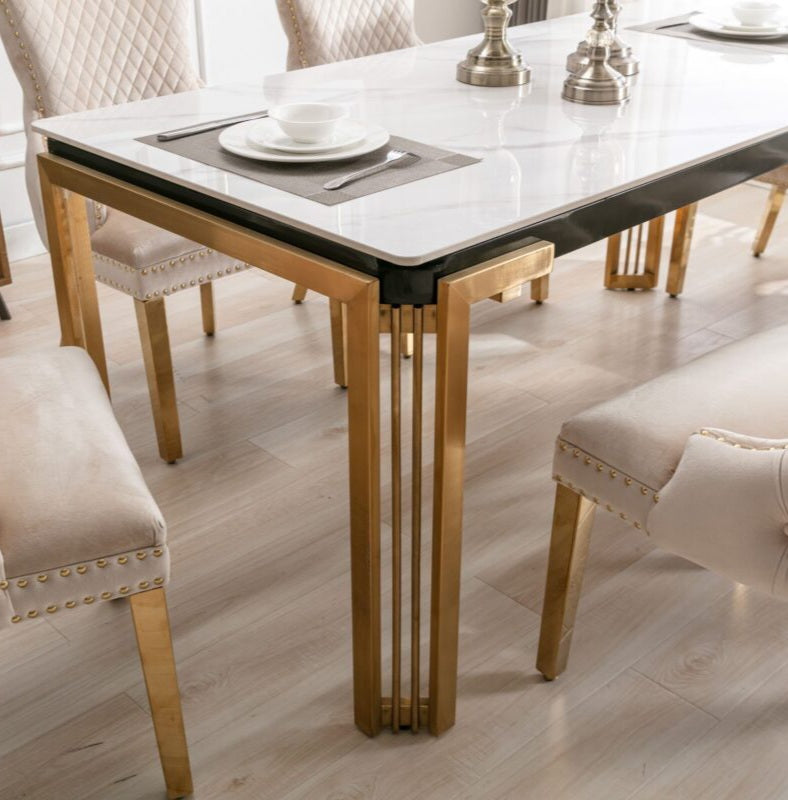 Sorrento Gold Rectangle Dining Table With White Sintered Stone Marble Effect Top