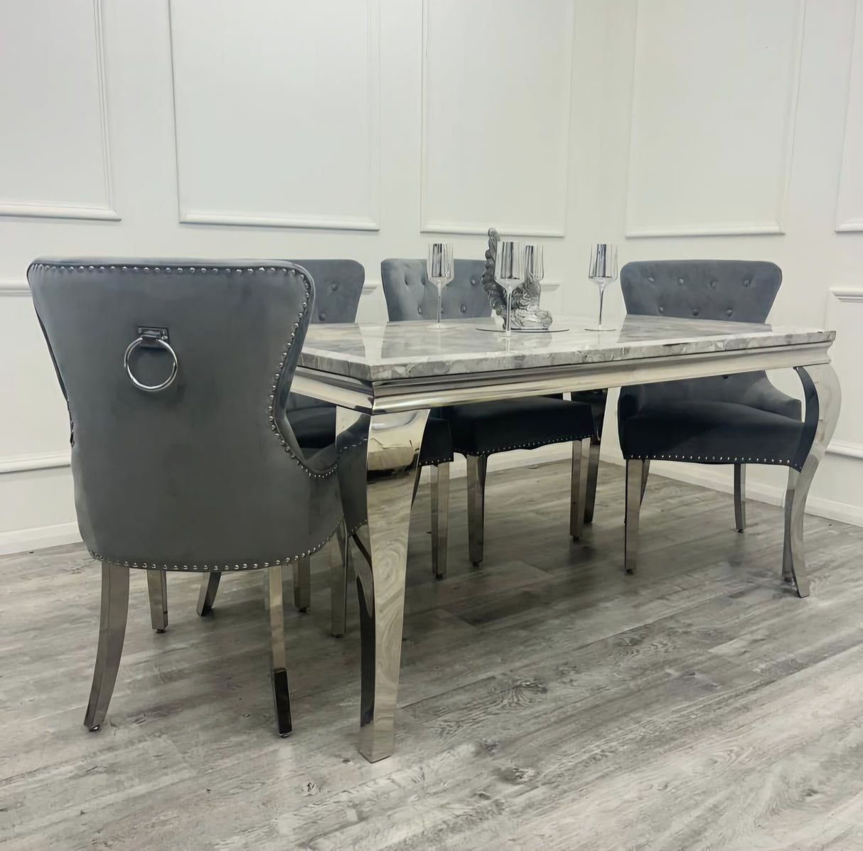Louis Marble Dining Table + Megan Ring Knocker Velvet Dining Chairs (Dark Grey)