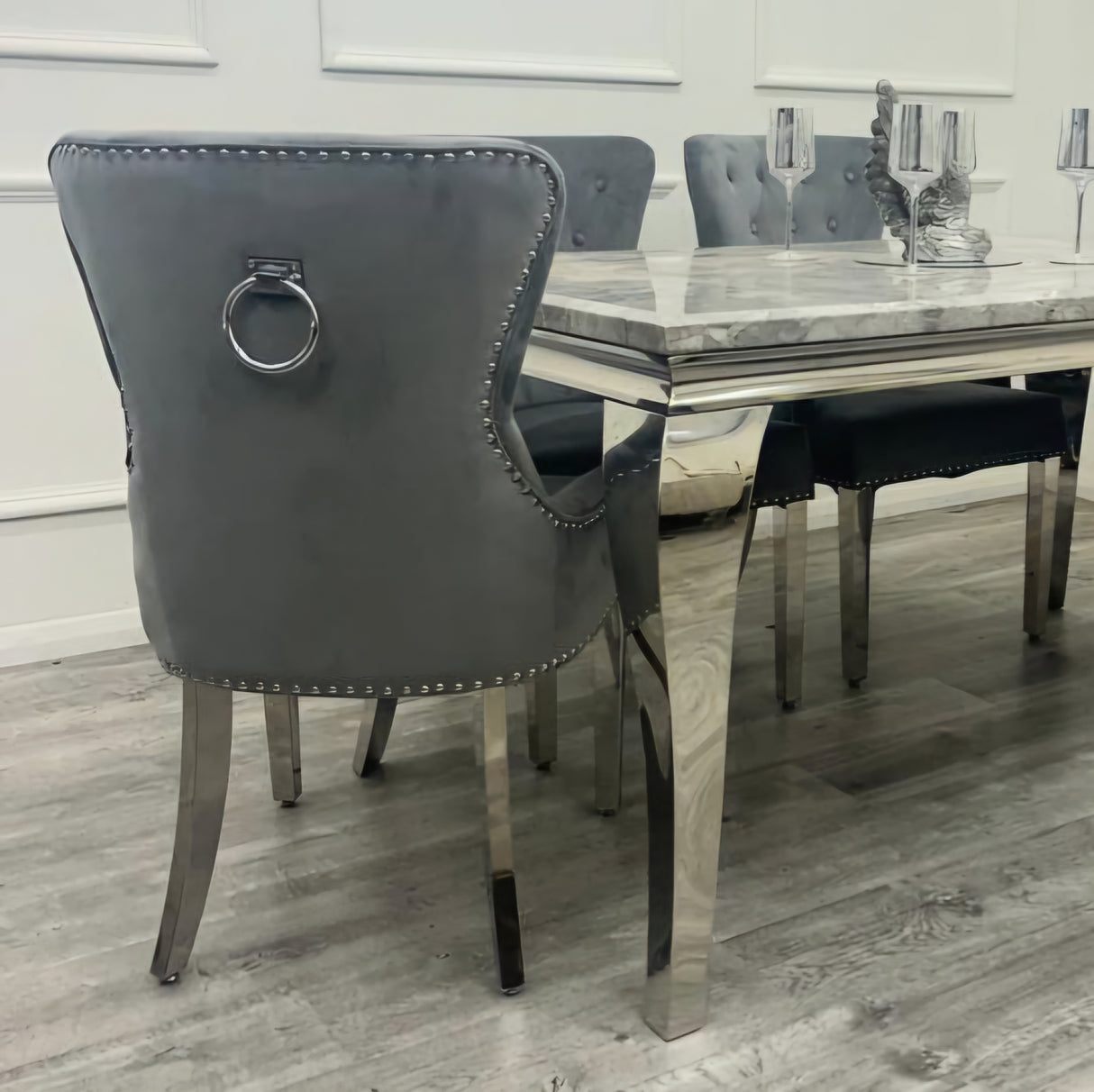 Louis Marble Dining Table + Megan Ring Knocker Velvet Dining Chairs (Dark Grey)