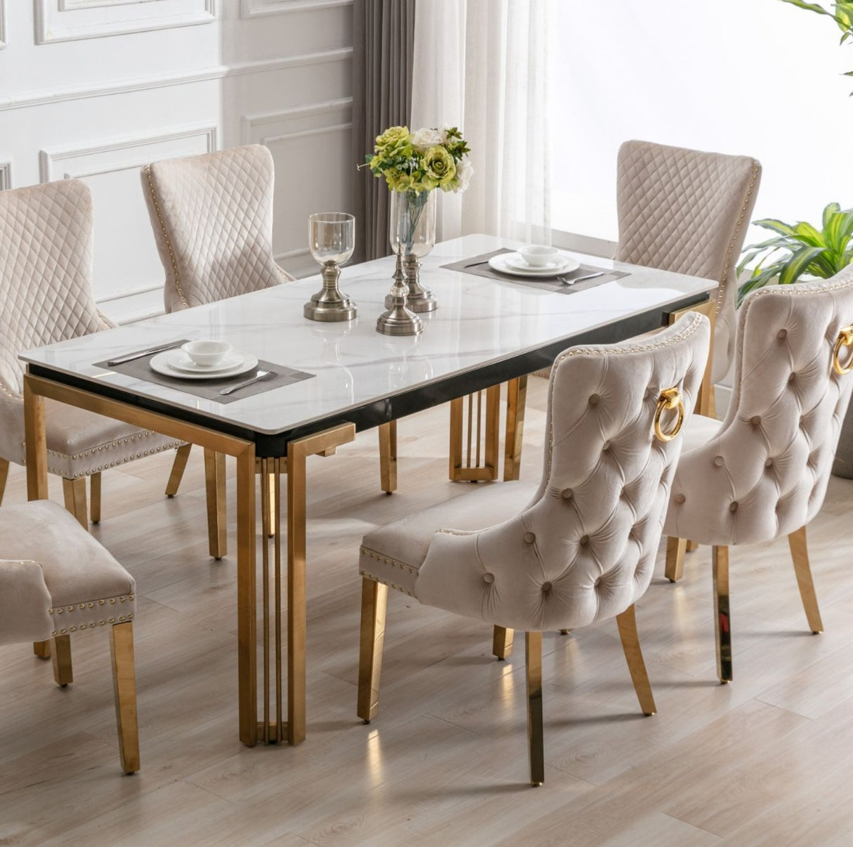 Sorrento Gold Rectangle Dining Table With White Sintered Stone Marble Effect Top