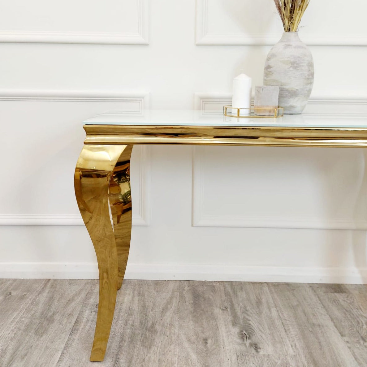 Louis Gold Console Table with White Glass Top 1.4m