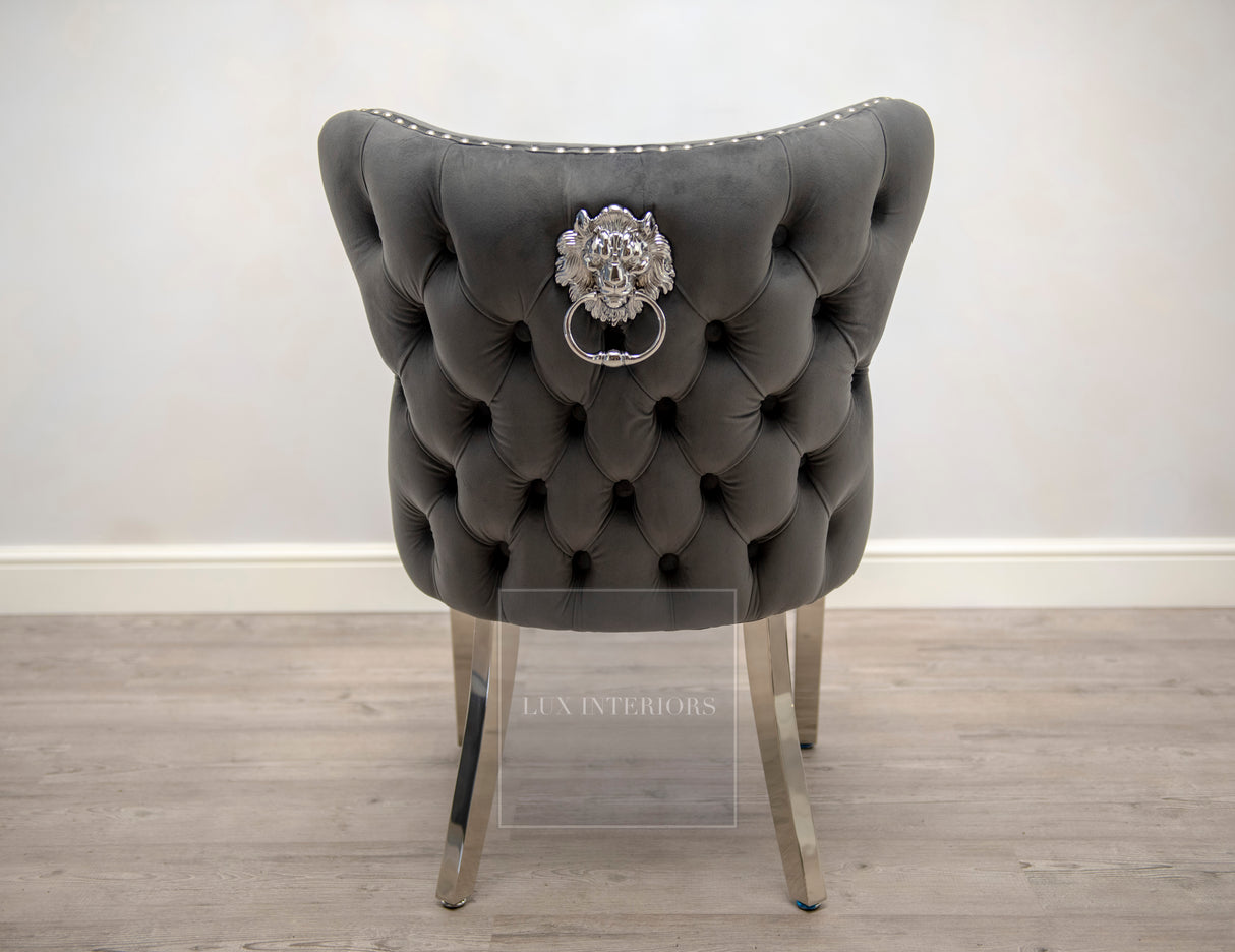 Knightsbridge Lion Knocker Velvet Dining Chair-Dark Grey