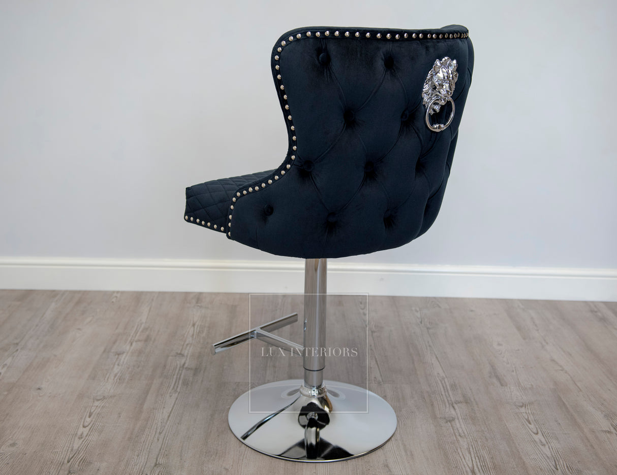 Knightsbridge Lion Knocker Velvet Swivel Bar Stool- Black