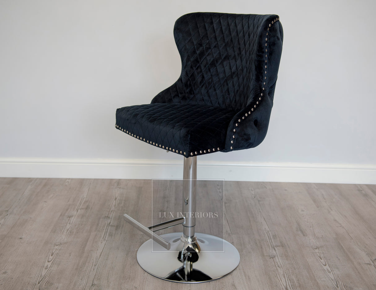 Knightsbridge Lion Knocker Velvet Swivel Bar Stool- Black