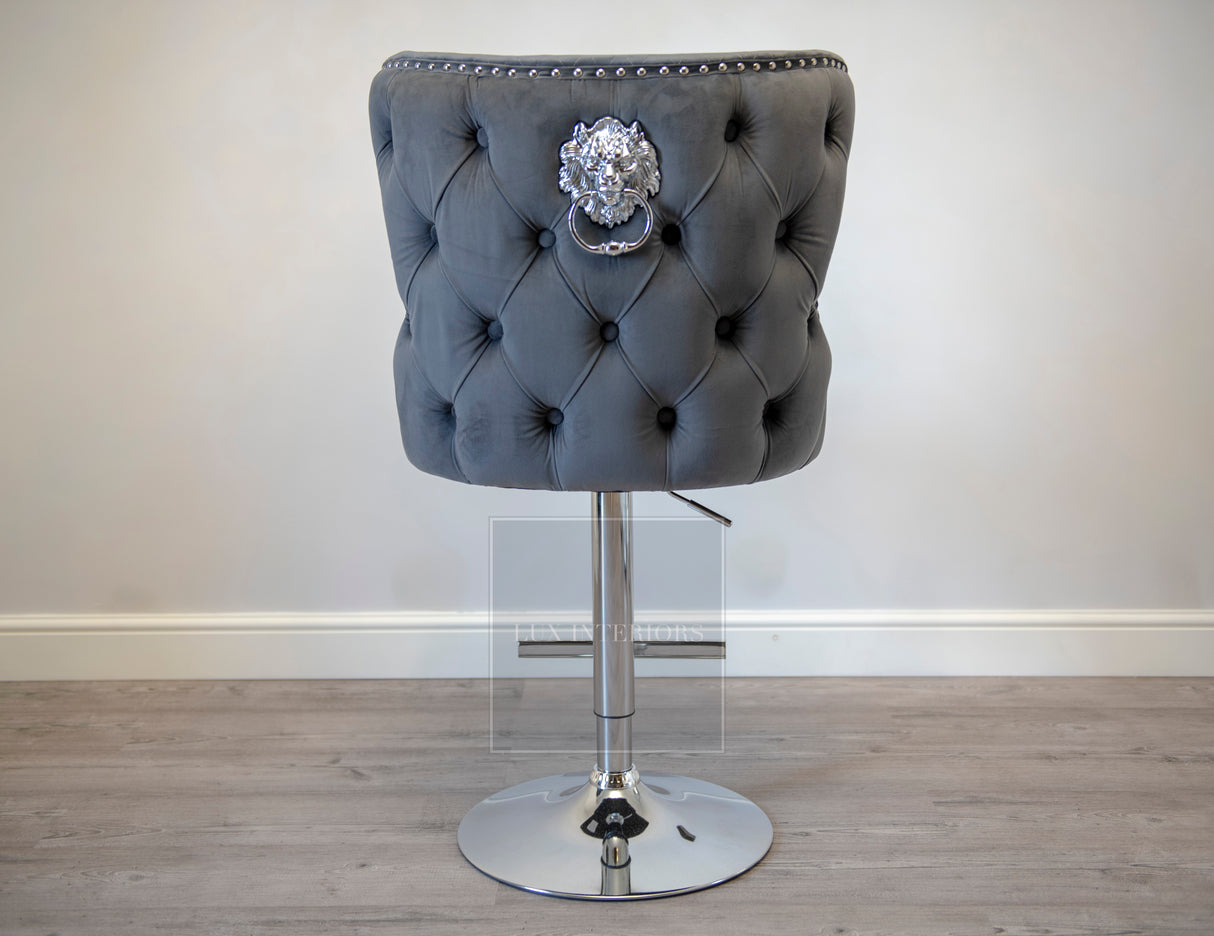 Knightsbridge Lion Knocker Velvet Swivel Bar Stool-Dark Grey