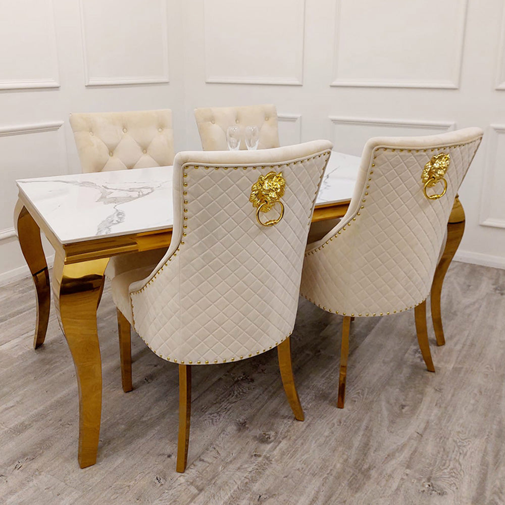 Louis Gold Sintered Stone Dining Table + Lion Knocker Chairs (Cream)