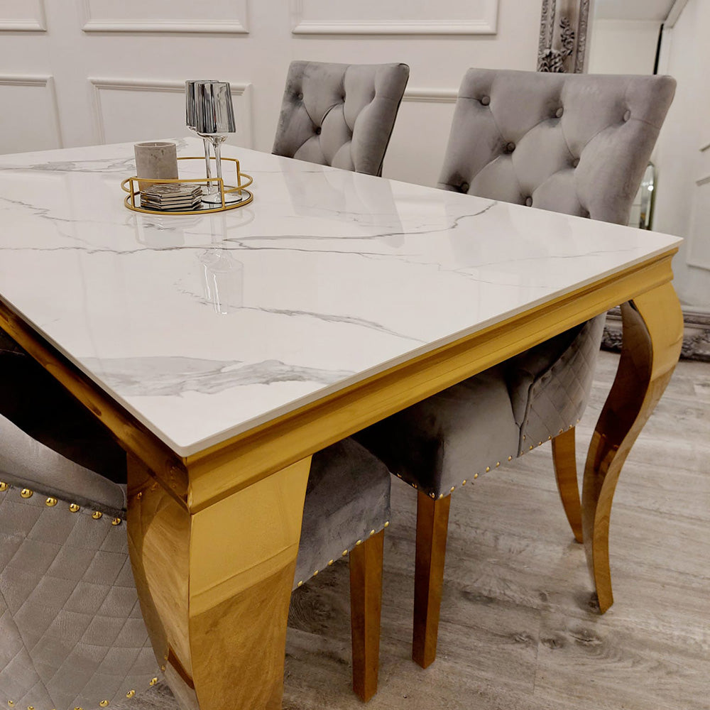Louis Gold Sintered Stone Dining Table + Lion Knocker Chairs (Grey)