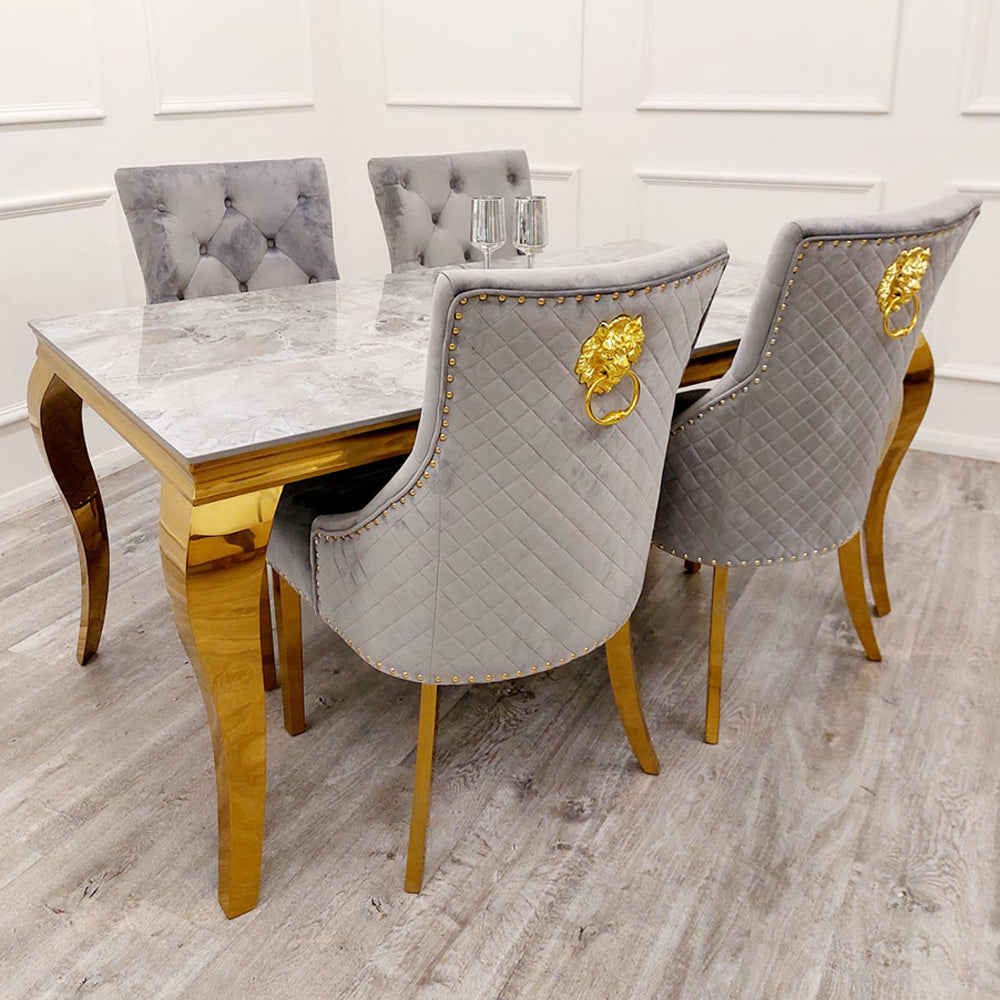 Louis Gold Sintered Stone Dining Table + Lion Knocker Chairs (Grey)