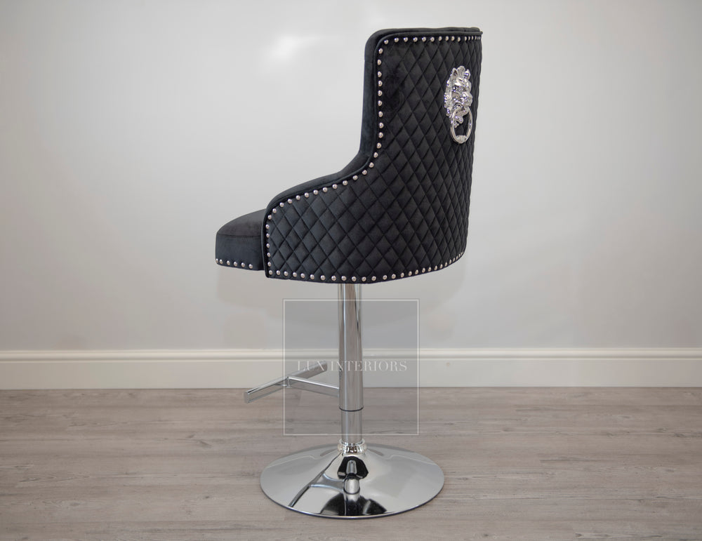 Monaco Lion Knocker Velvet Swivel Bar Stool- Black