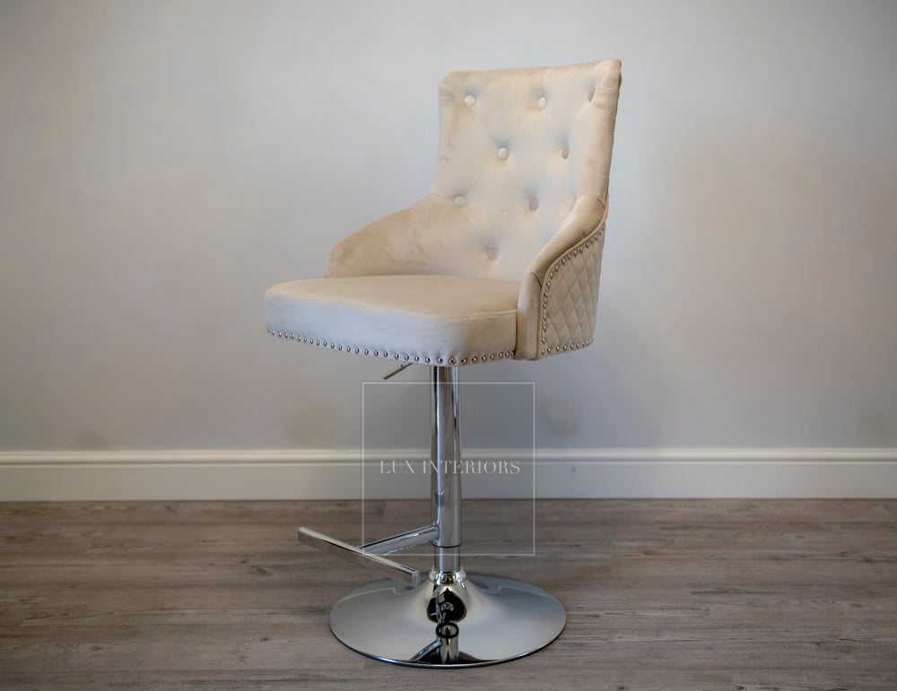 Monaco Lion Knocker Velvet Swivel Bar Stool - Cream