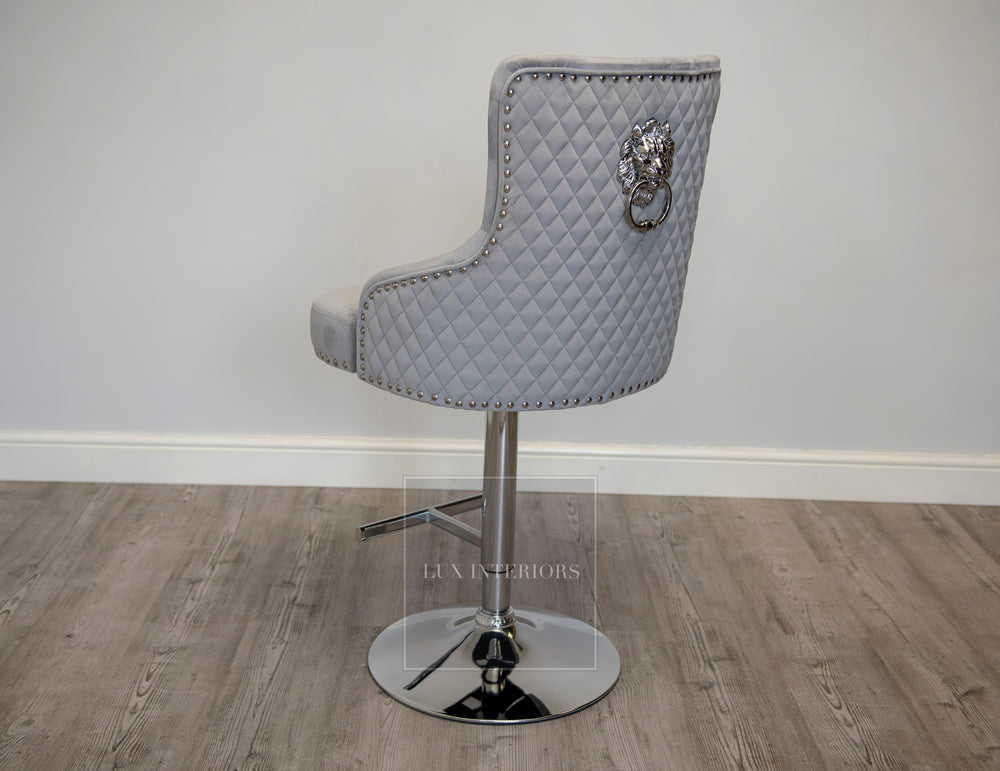 Monaco Lion Knocker Velvet Swivel Bar Stool-Light Grey