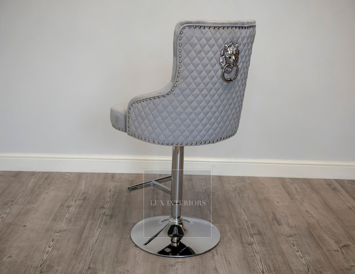 Monaco Lion Knocker Velvet Swivel Bar Stool-Light Grey