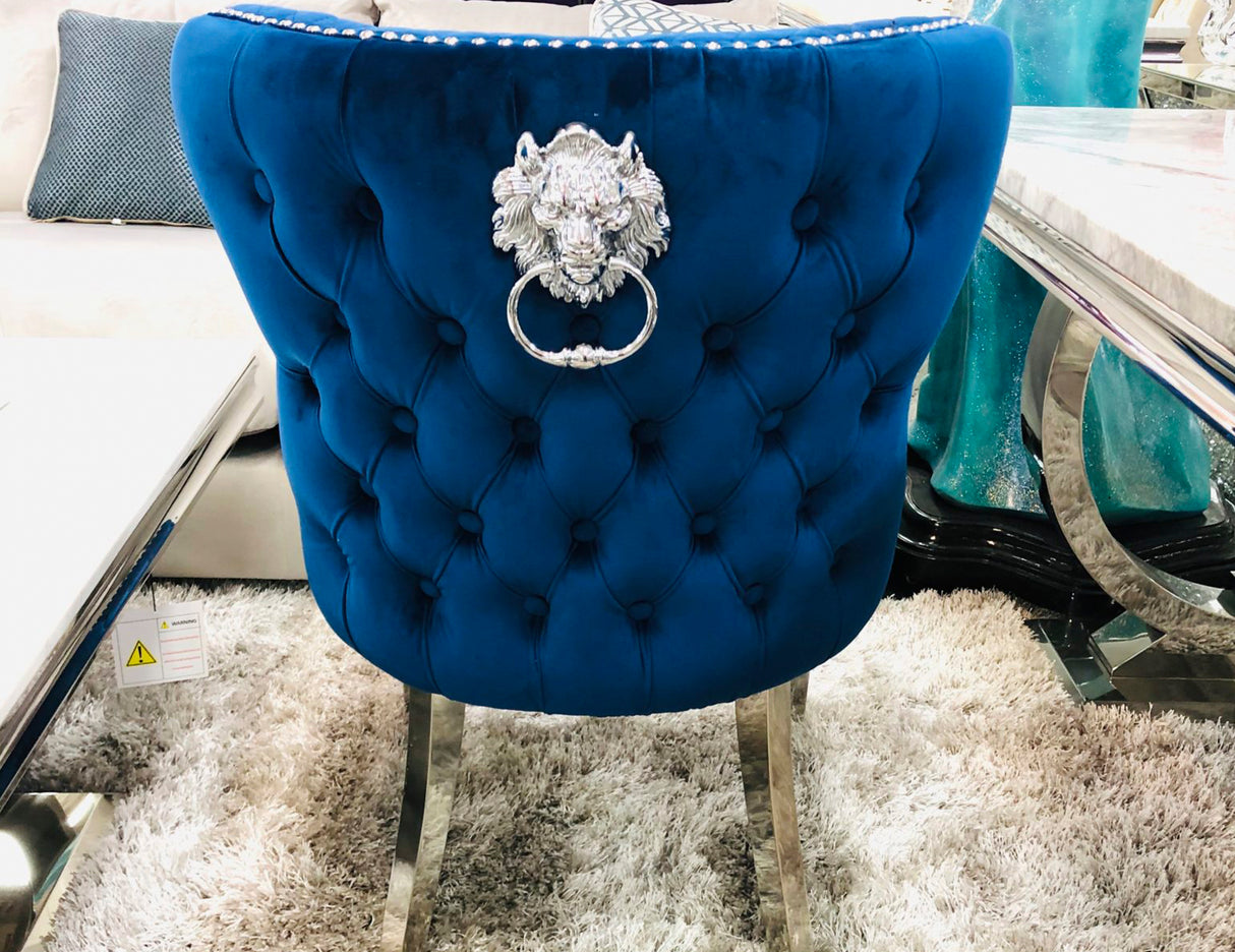 Knightsbridge Lion Knocker Velvet Dining Chair- Navy Blue