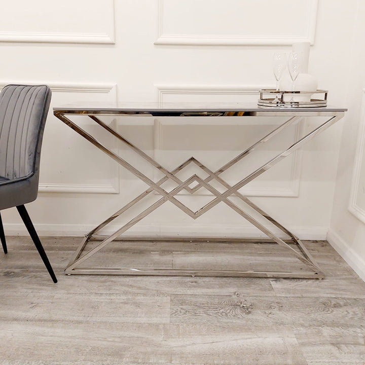 Vesta Chrome Console Table with Ash Grey Sintered Stone Top