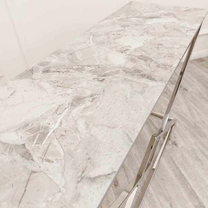 Vesta Chrome Console Table with Ash Grey Sintered Stone Top