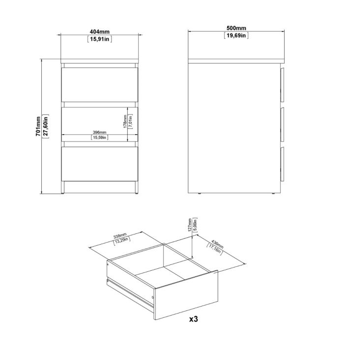 Naida Bedside With 3 Drawers In White High Gloss