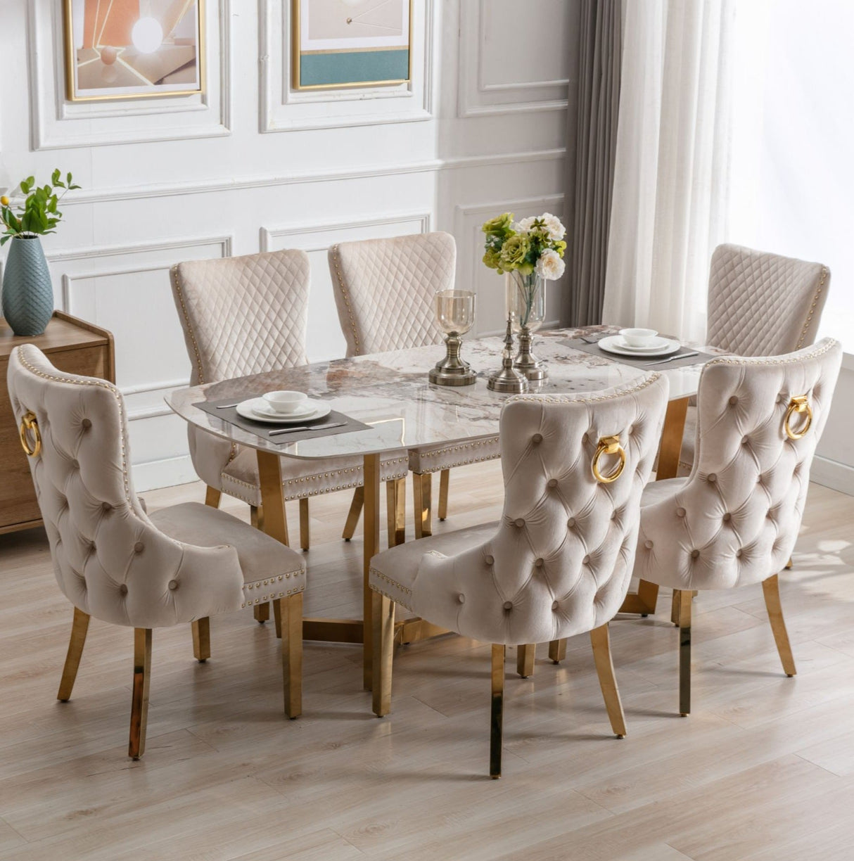 Sorrento Gold Oval Sintered Stone Dining Table + Victoria Velvet Dining Chairs