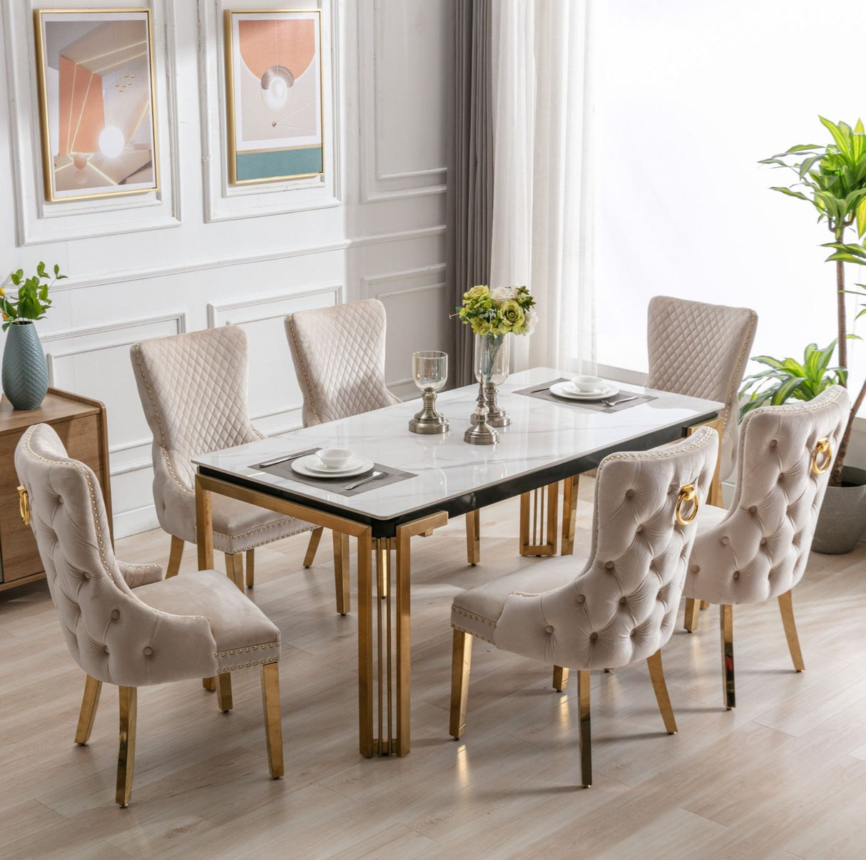 Sorrento Gold Rectangle Sintered Stone Dining Table + Victoria Velvet Dining Chairs