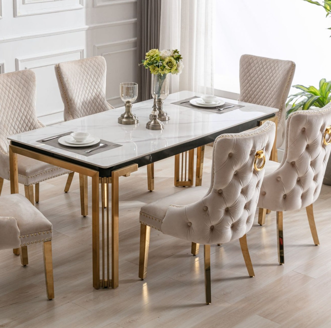Sorrento Gold Rectangle Dining Table With White Sintered Stone Marble ...