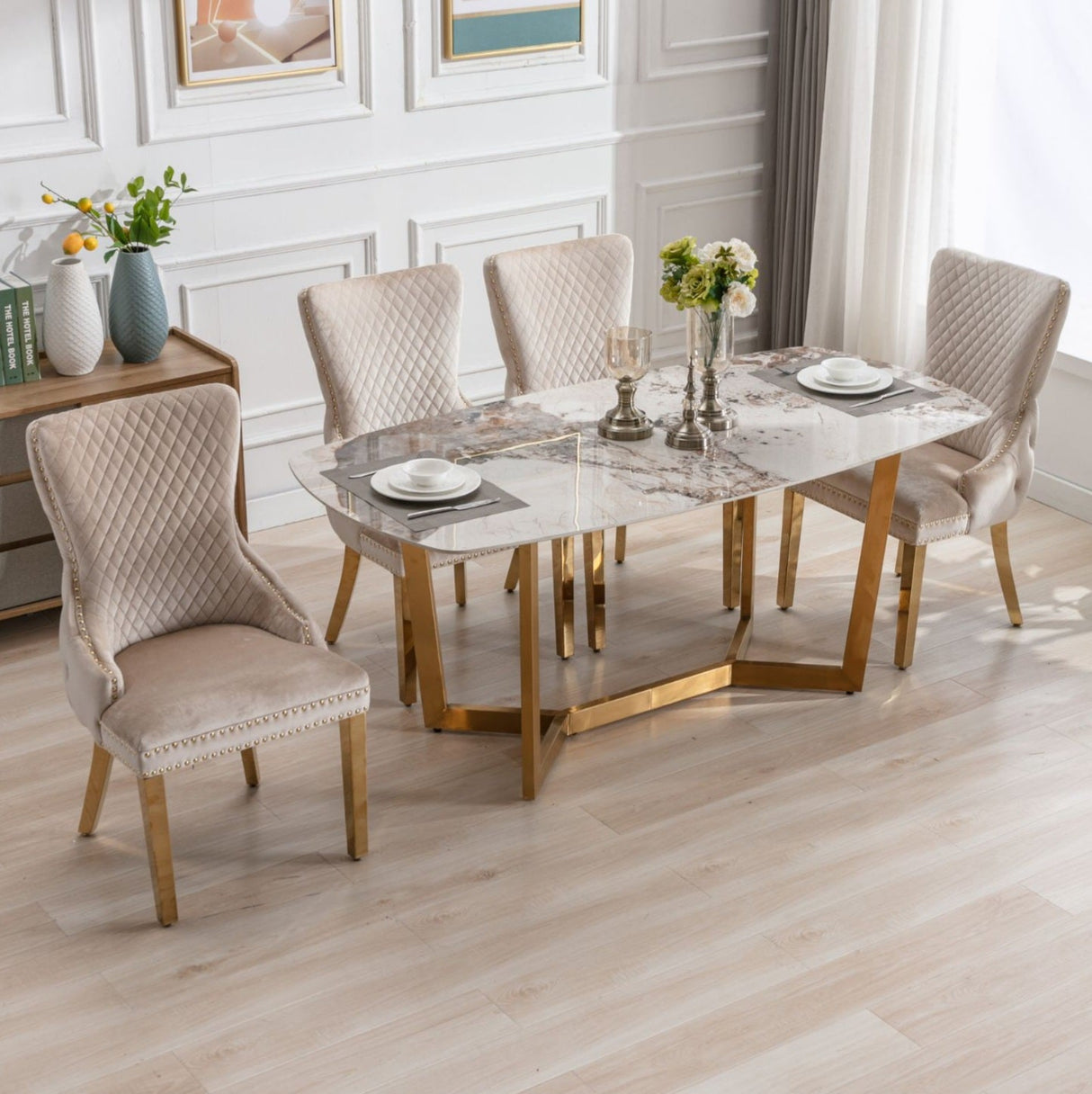 Sorrento Gold Oval Sintered Stone Dining Table + Victoria Velvet Dining Chairs