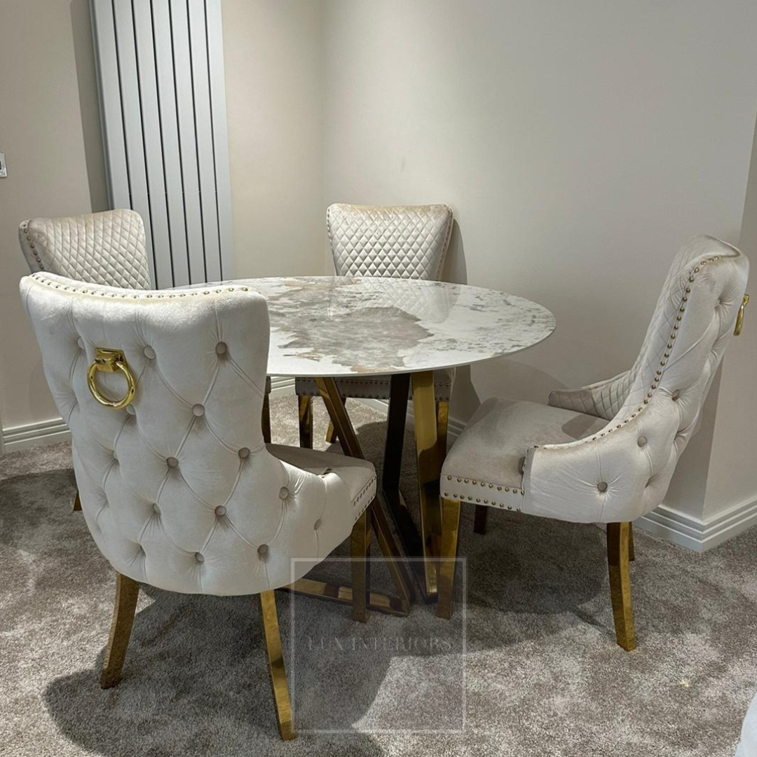 Nero 1.3m Gold Round Dining Table + Victoria Gold Chairs