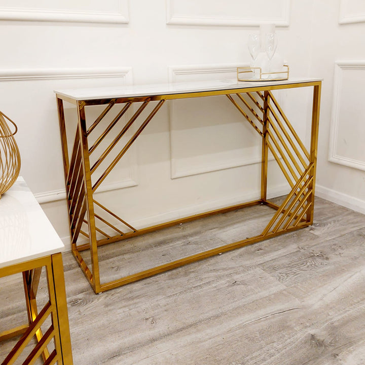 Azure Gold Console Table with Polar White Sintered Stone Top