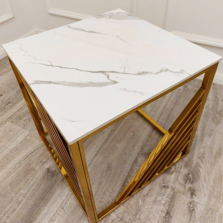 Azure Gold Side Table with Polar White Sintered Stone Top