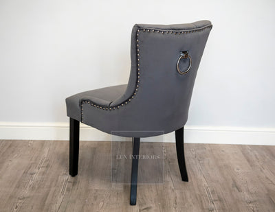 Chelsea Velvet Ring Knocker Dining Chair With Wooden Legs - Dark Grey