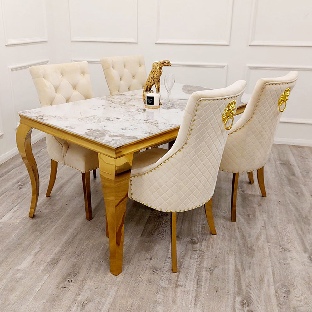 Louis Gold Sintered Stone Dining Table + Lion Knocker Chairs (Cream)