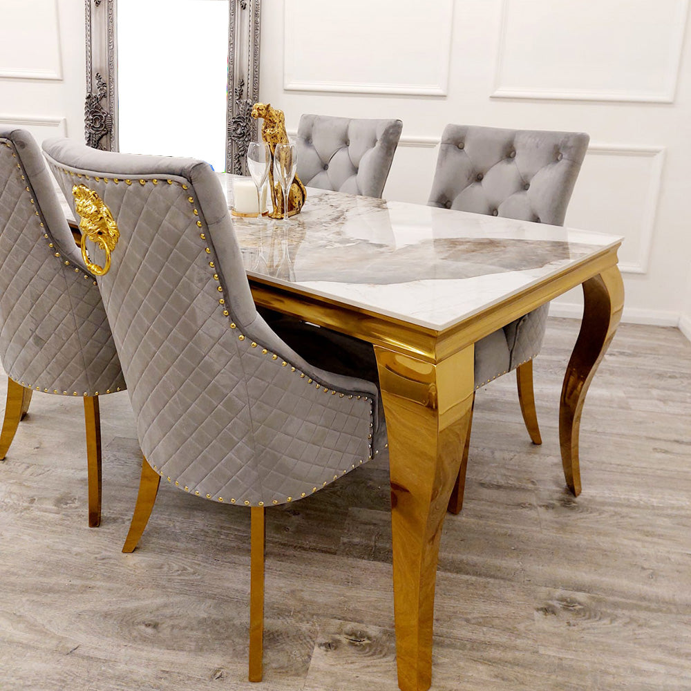 Louis Gold Sintered Stone Dining Table + Lion Knocker Chairs (Grey)
