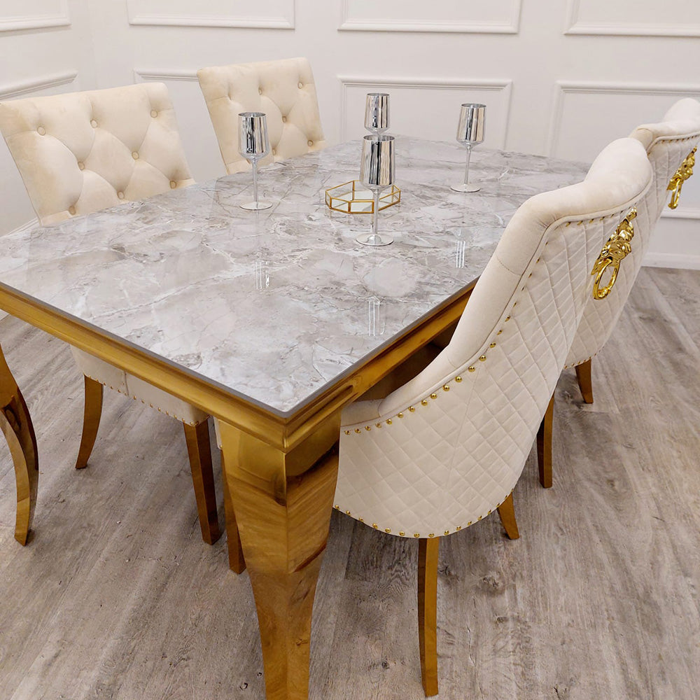 Louis Gold Sintered Stone Dining Table + Lion Knocker Chairs (Cream)
