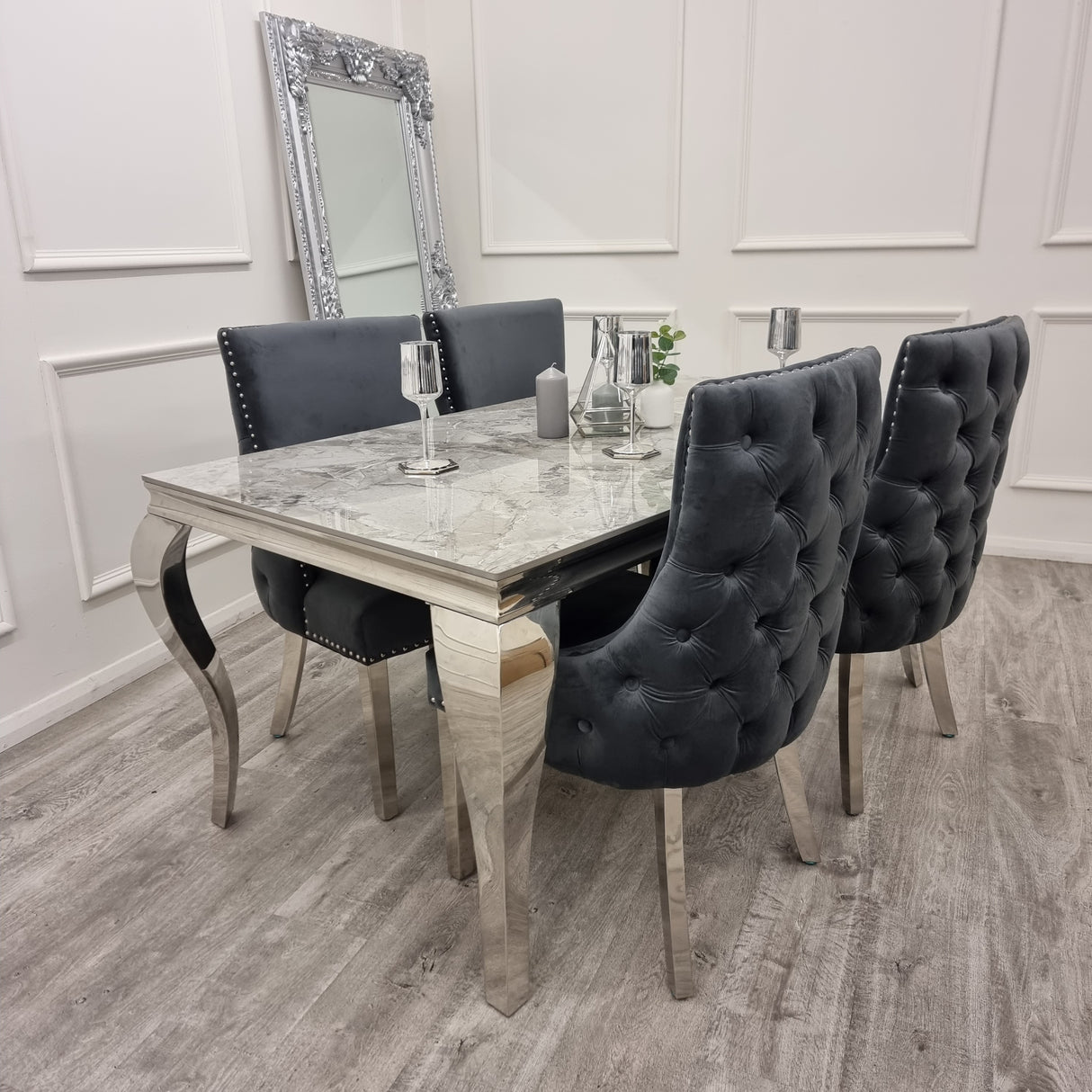 Louis Dining Table Sintered Stone + Kensington Chairs (Dark Grey)