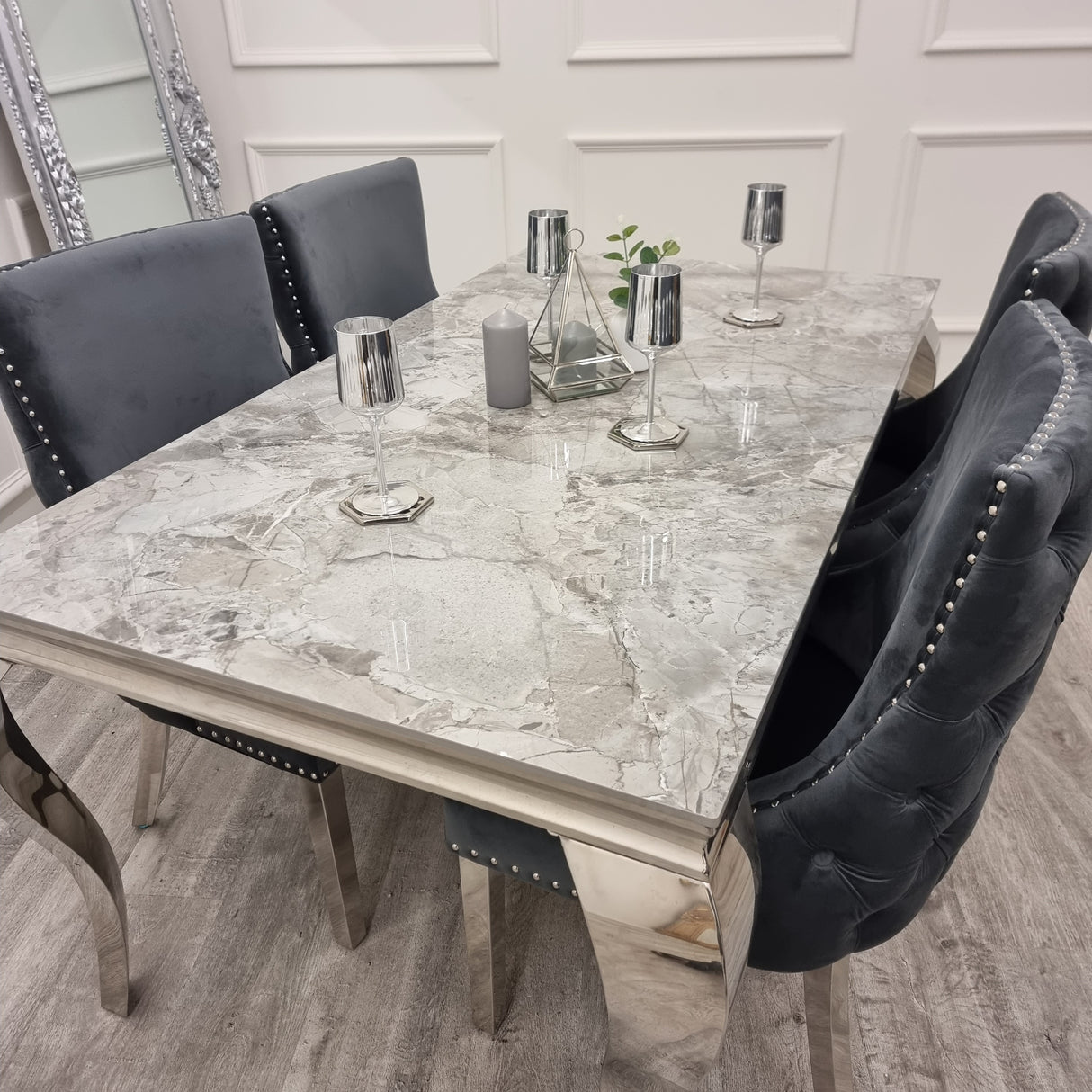 Louis Dining Table Sintered Stone + Kensington Chairs (Dark Grey)