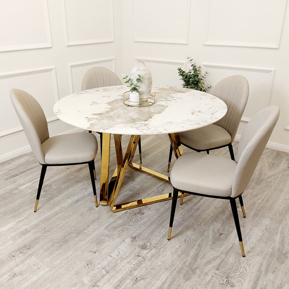 Nero 1.3m Gold Round Dining Table + Etta Chairs