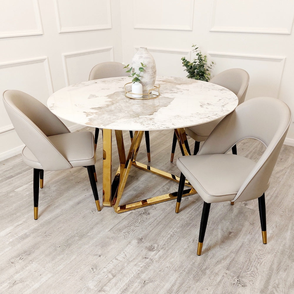 Nero 1.3m Gold Round Dining Table + Astra Chairs