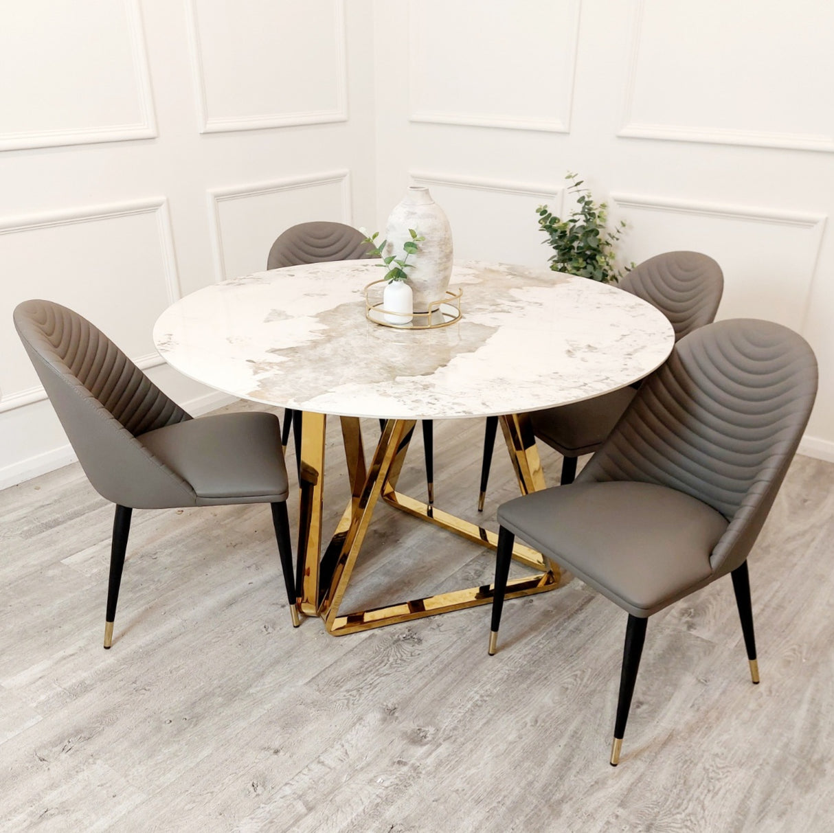 Nero 1.3m Gold Round Dining Table + Alba Chairs